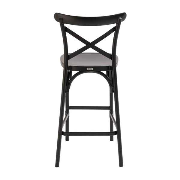 Schwarzer Barhocker aus Metall mit Kreuz-Rückenlehne und Fußstütze im Bistro-Stil, Rückansicht, Oviala Logo.
