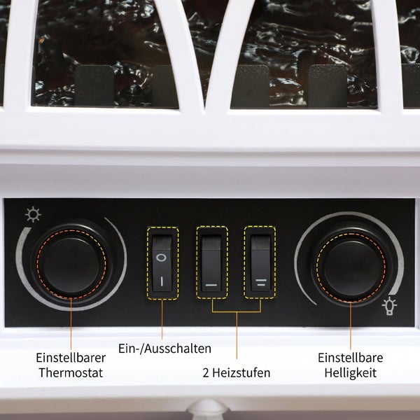 Bedienfeld eines elektrischen Kamins mit Thermostat, Ein Ausschalter, zwei Heizstufen und Helligkeitsregler für die Flammenoptik.