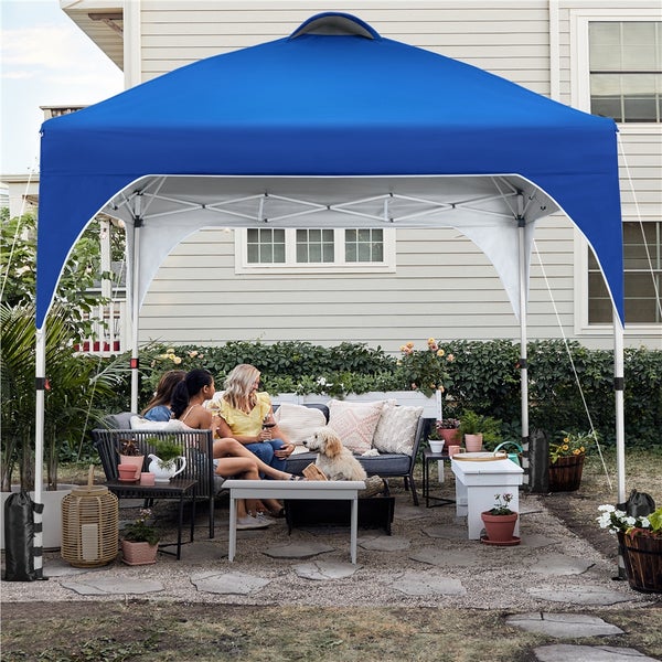 Szene im Garten mit einem blauen Pavillon, unter dem zwei Frauen und ein Hund sitzen.