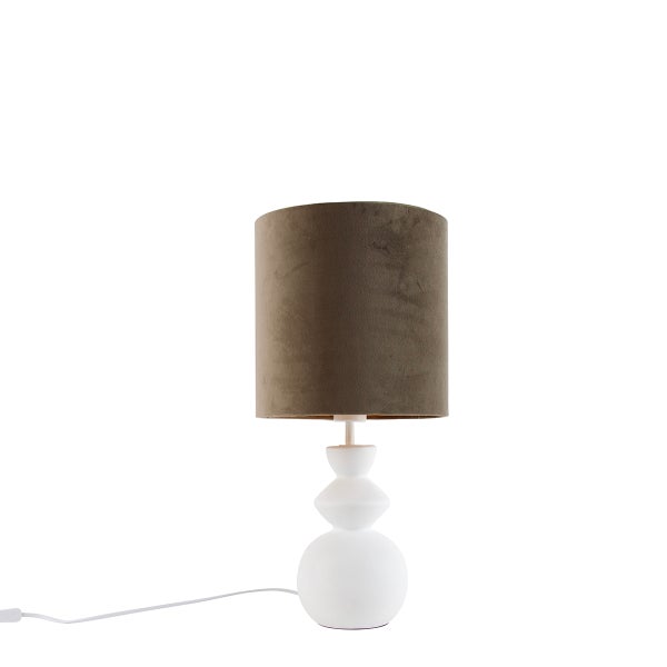 Design Tischleuchte Weiß Samt-Schirm Taupe mit Gold 25 cm - Alisia