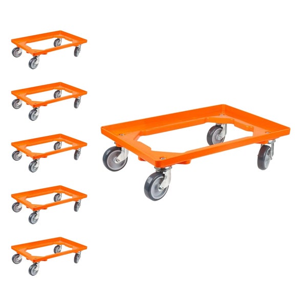 PROREGAL SparSet 6x Transportroller für Euroboxen 60 x 40 cm mit Gummiräder Orange Offenes Deck 2 Lenkrollen und 2 Bockrollen Traglast 300 kg