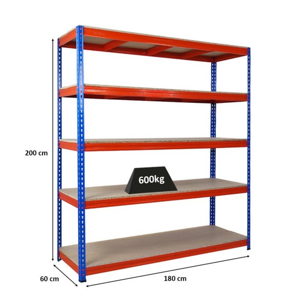 PROREGAL Profi Schwerlastregal Bison HxBxT 200 x 180 x 60 cm 5 Spanplatten-Ebenen 16mm Fachlast 600 kg Blau-Orange