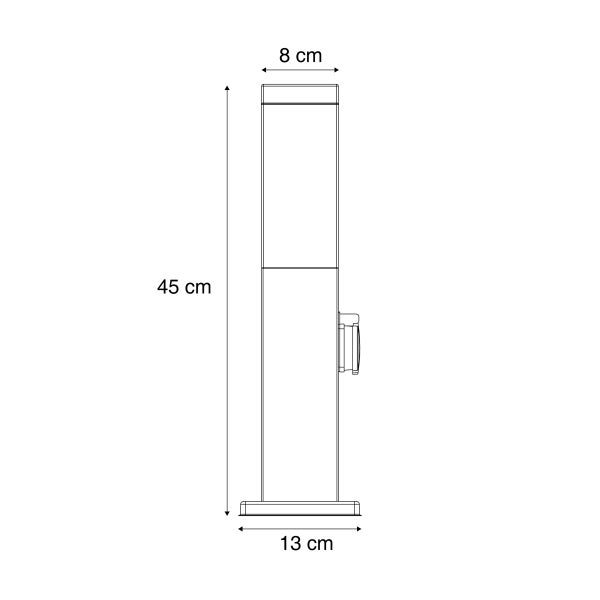 Technische Zeichnung einer Sockelleuchte mit Steckdose, Höhe 45 Zentimeter, Breite oben 8 Zentimeter, Sockelbreite 13 Zentimeter.