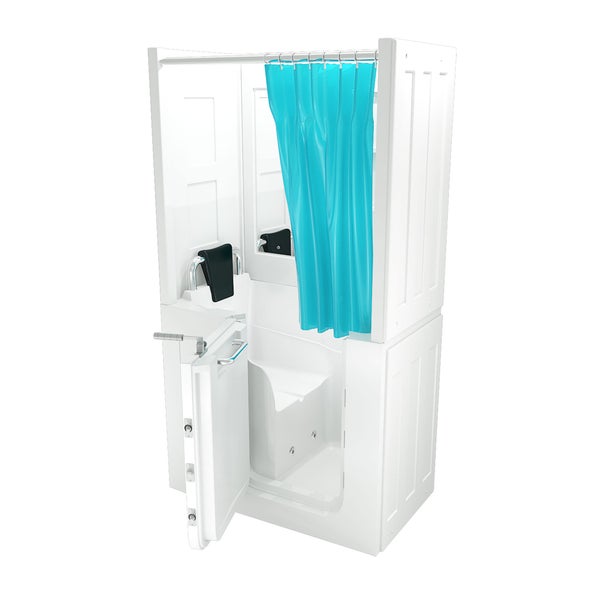 Weiße Sitzbadewanne mit Tür, integriertem Sitz und türkisfarbenem Duschvorhang.