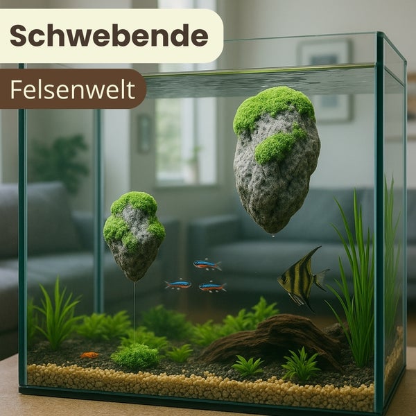 Dekoratives Aquarium mit schwebenden Felsen und Fischen
