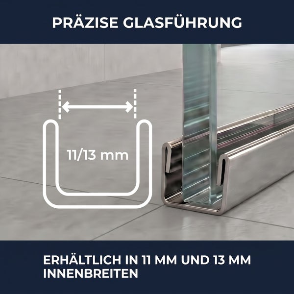 Präzise Glasführung aus Metall für Duschwände mit 11 Millimeter oder 13 Millimeter Innenbreite.