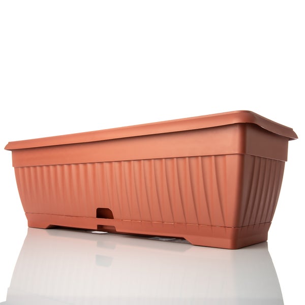 BigDean Blumenkasten mit abnehmbarem Untersetzer - Terracotta 50 cm lang aus bruchsicherem Kunststoff - Balkonkasten Pflanzkasten mit Wasserspeicher für Innen- & Außenbereich geeignet - Made in Europe