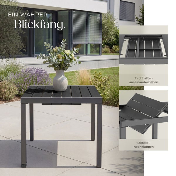 Ausziehbarer Gartentisch mit pflegeleichter Tischplatte und Metallgestell auf einer Terrasse inklusive Details zur Klappfunktion.