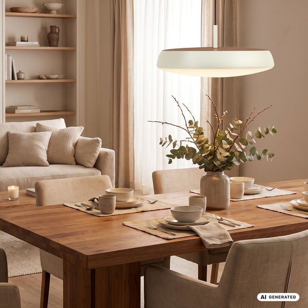 Moderne Esstisch Pendelleuchte über einem Holzesstisch mit gedeckten Gedecken in einem hellen, wohnlich eingerichteten Esszimmer.