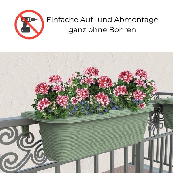 Geländerkasten 60 Rattan Geflecht Optik Balkonkasten für Geländer Blumenkasten inkl. Halterung weiß