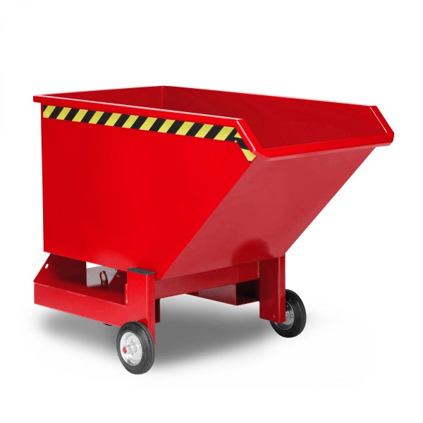 Roter Kippbehälter mit Rädern und Warnstreifen