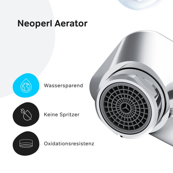 Neoperl Strahlregler für Wasserhahn, wassersparend, spritzfrei und oxidationsbeständig.