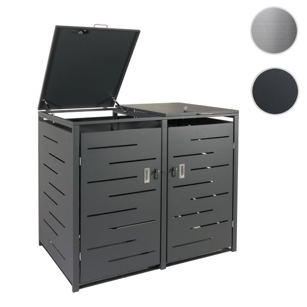 Mülltonnenbox für zwei Mülltonnen aus Metall in Anthrazit mit horizontalen Aussparungen und einem geöffneten Klappdeckel.