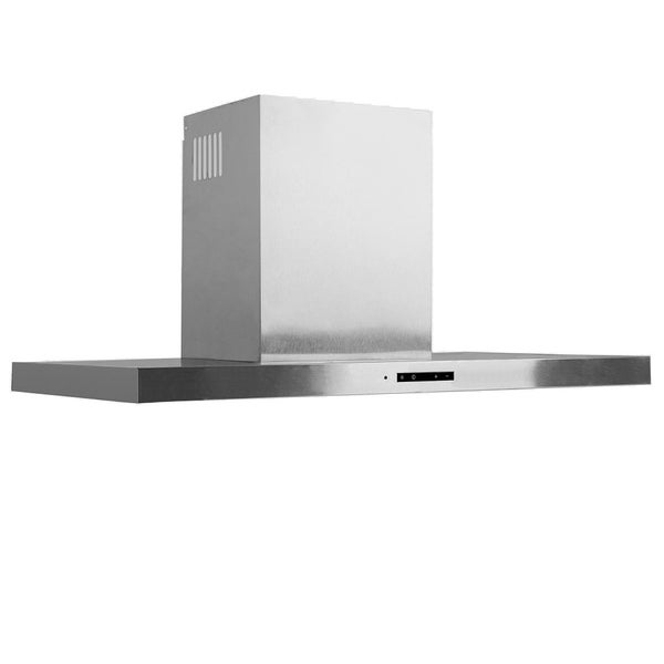 Wand-Dunstabzugshaube aus Edelstahl in T-Form mit Kamin und schmalem Bedienfeld.