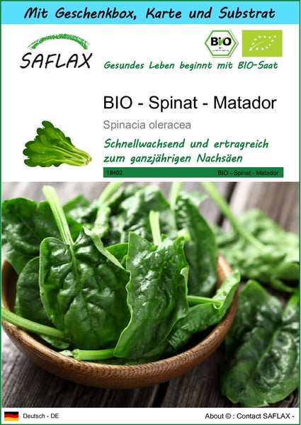 SAFLAX Geschenk Set - BIO - Spinat - Matador - Spinacia oleracea - 300 Samen - Mit Geschenkbox, Versandaufkleber, Geschenkkarte und Anzuchtsubstrat