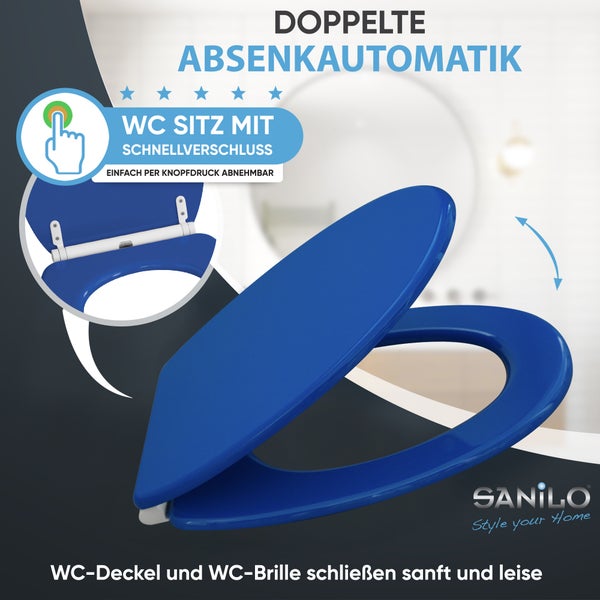 Blauer WC-Sitz von Sanilo mit doppelter Absenkautomatik und Schnellverschluss per Knopfdruck für einfache Reinigung. Sanilo Logo.