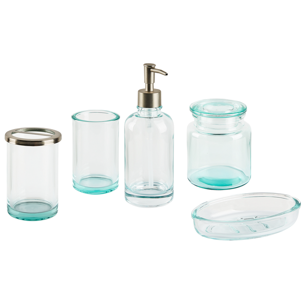 Badezimmer-Accessoire-Set aus Glas mit Seifenspender, Seifenschale, Zahnputzbecher und Behälter