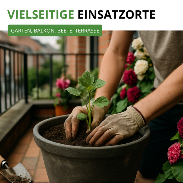 Person mit Gartenhandschuhen pflanzt eine junge Pflanze in einen Topf auf einem Balkon. Text: Vielseitige Einsatzorte Garten, Balkon, Beete, Terrasse.