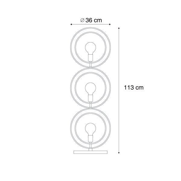 Maßskizze einer Stehleuchte mit drei kreisförmigen Elementen, Durchmesser 36 Zentimeter und Höhe 113 Zentimeter.