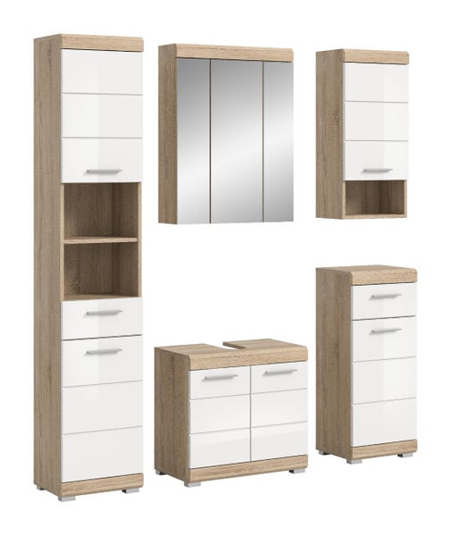 Fünfteiliges Badezimmermöbel Set in Eichenoptik mit weißen Fronten, bestehend aus Hochschrank, Spiegelschrank, Unterschrank und Beistellschränken.