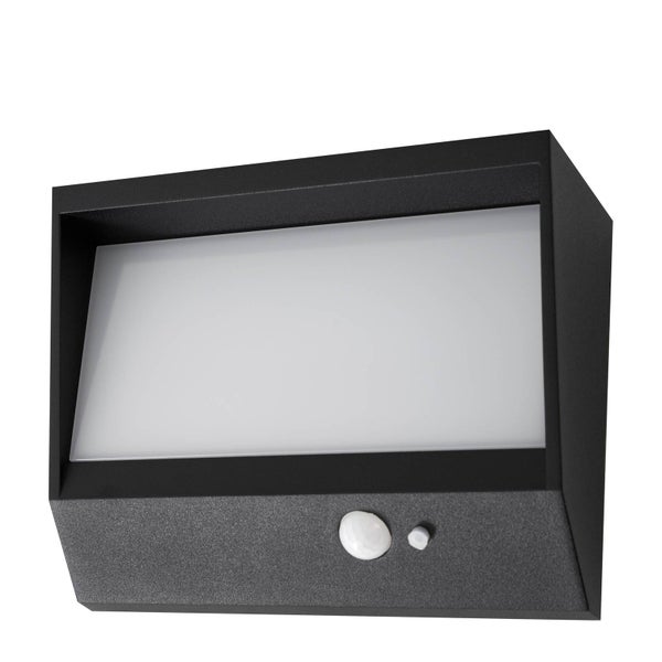 Rechteckige Außenwandleuchte in Anthrazit mit Bewegungsmelder und weißem Diffusor.