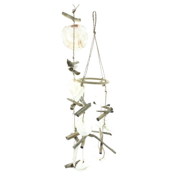 FRANK FLECHTWAREN | Windspiel Capiz, 2er Set, CAPIZ, TREIBHOLZ, HANF, Girlande ca. GH 80 cm, Holzring des Mobile Ø 15 cm