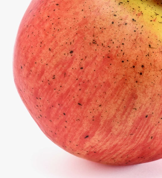 Detailaufnahme eines rot-gelb gesprenkelten Apfels.