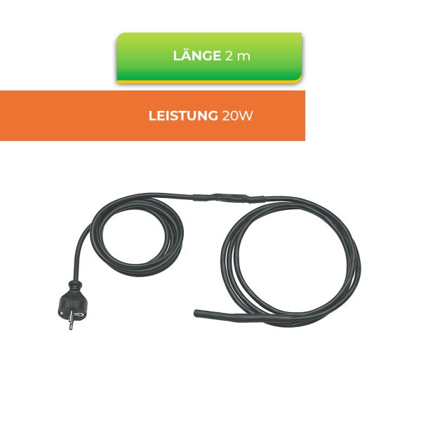 Schwarzes Heizkabel mit Stecker, Länge 2 Meter, Leistung 20 Watt.