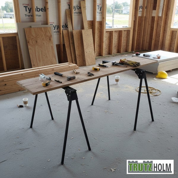 Baustelle mit Arbeitstisch aus Holzdiele auf zwei schwarzen Metall-Unterstellböcken. Werkzeug liegt auf dem Tisch. Trutzholm Logo.