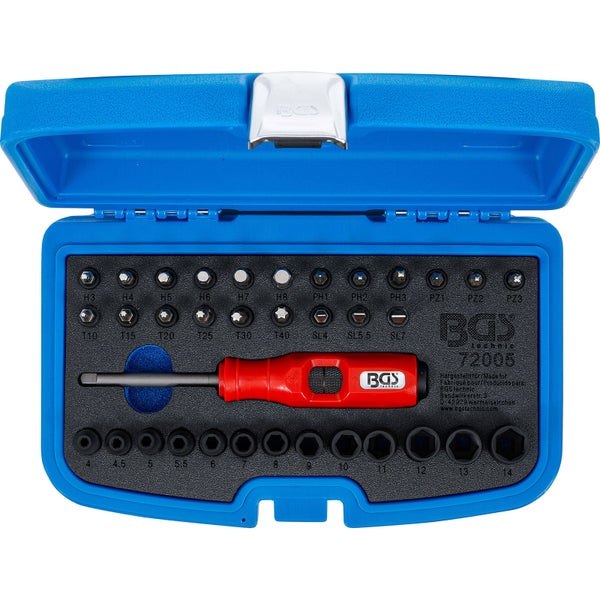 BGS Technic Schraubendreher-Bit-Satz mit Bits, Nüssen und Schraubendreher in geöffneter, blauer Aufbewahrungsbox
