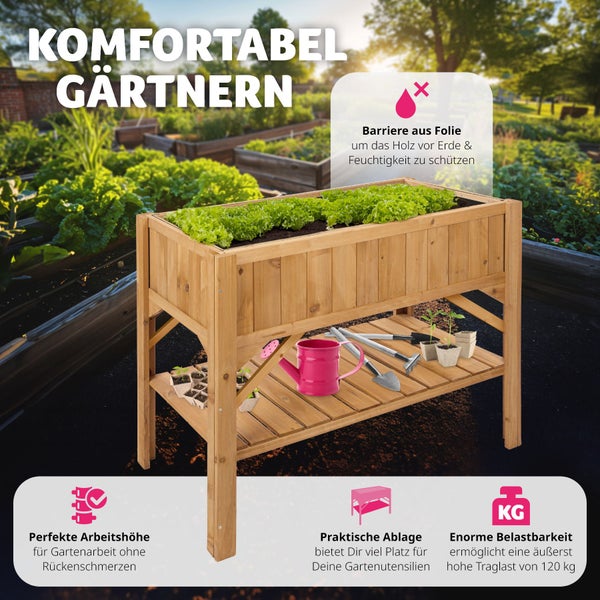 Hochbeet tectake  119 x 57 x 90 cm aus Holz, mit Ablage braun