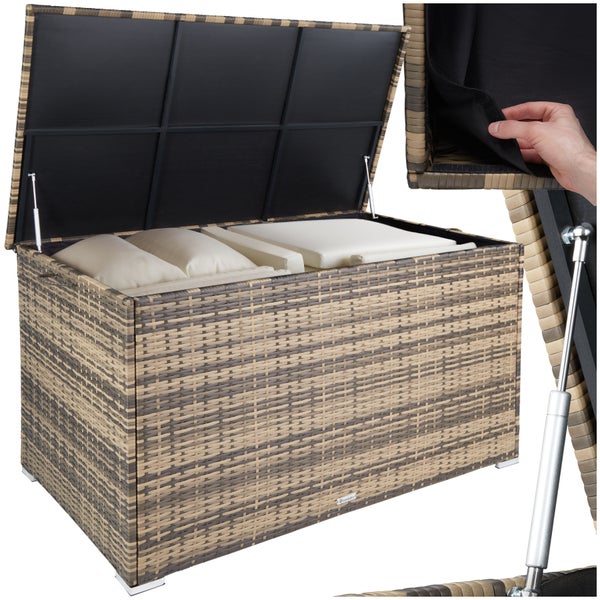 Auflagenbox tectake Oslo 145 x 82,5 x 79,5 cm mit Aluminiumgestell und Rattangeflecht natur
