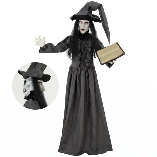 Animierte Halloween Hexe mit Buch in bodenlangem Kleid und spitzem Hut als dekorative Halloween Figur.