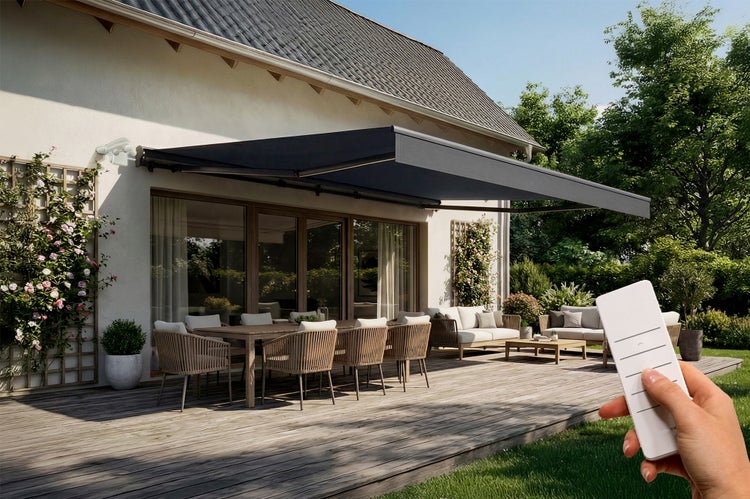 Terrasse mit Markise, Esstisch und Sitzgruppe, bedient mit einer Fernbedienung