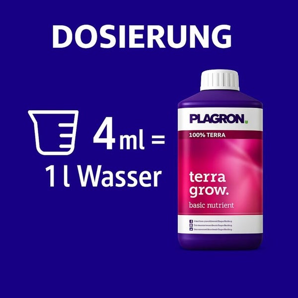 Dosierungsempfehlung für Plagron Terra Grow Basisdünger: 4 ml Dünger auf 1 Liter Wasser