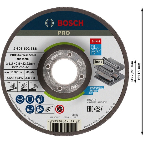 Bosch PRO Stainless Steel and Metal 3-in-1 Disc 115 x 2,5 x 22,23 mm - 2608602388