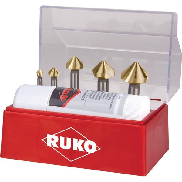RUKO Kegel- und Entgratsenker-Satz 6tlg. DIN 335 Form C 90° HSS-TiN Ø 6,3 - 25 mm + Schneidpaste 50 ml in Kunststoffkassette - 102142T