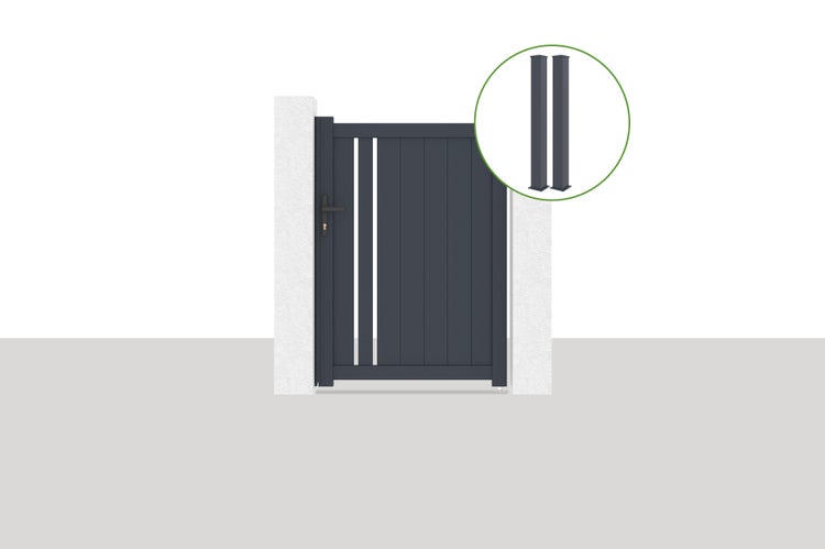 Gartentor aus Aluminium in Anthrazit mit vertikalen Lamellen, zwei Zierleisten und passenden Torpfosten.