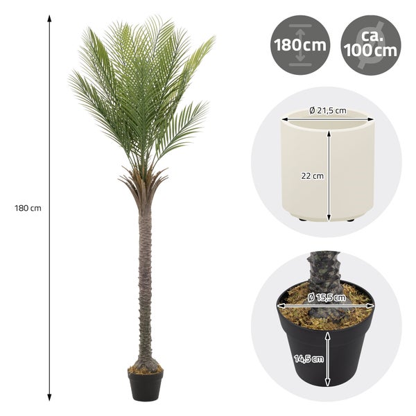 Künstliche Palme mit 180 Zentimetern Gesamthöhe, inklusive Pflanztopf mit 14,5 Zentimetern Höhe und 15,5 Zentimetern Durchmesser.