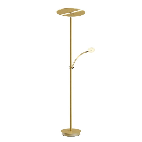 Moderne Stehlampe aus Messing mit Deckenfluter und verstellbarem Lesearm.