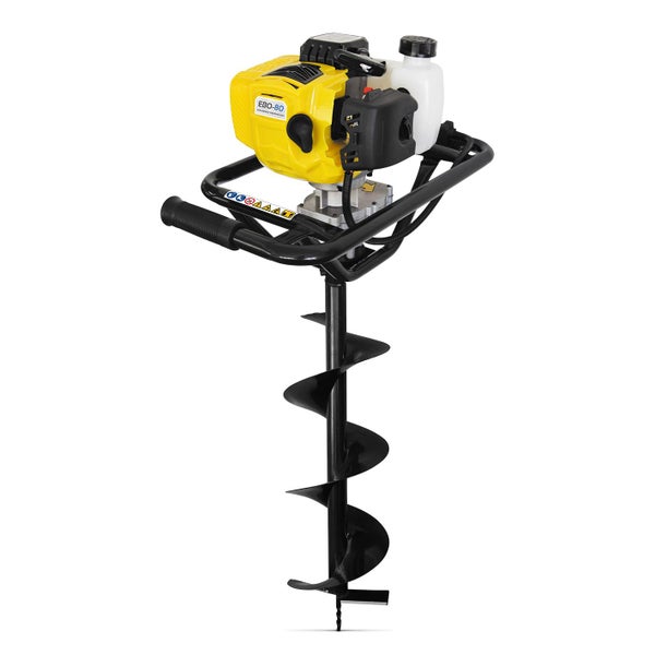 Erdlochbohrer mit gelbem Motor und schwarzem Bohrer