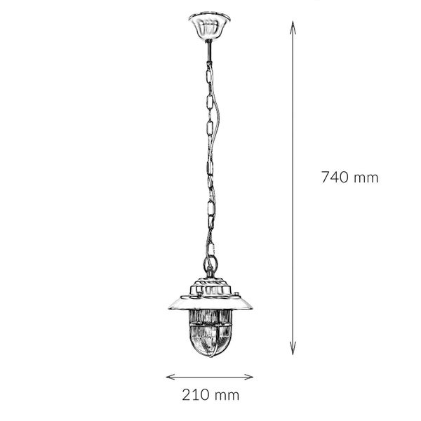 Technische Zeichnung einer Hängelampe mit den Maßen 740 mm Höhe und 210 mm Breite.