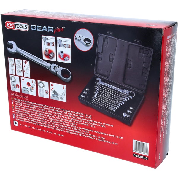 KSTools Gear Plus Gelenk-Ratschenringmaulschlüssel Satz, feststellbar mit Adapter, 18-teilig, in der Verpackung