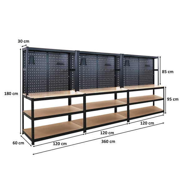 PROREGAL Mega Deal 3x Profi Werkbank GIANT BEAST mit Lochwand HxBxT 180x120x60cm Fachlast 175kg inkl. Werkzeughalter Set Schwarz Arbeitstisch