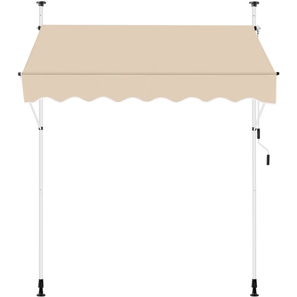 Freistehende Markise mit weißem Gestell und beigem Markisenstoff