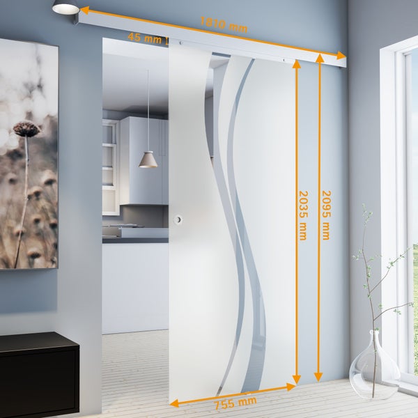 Tür Schiebetür Komplettset Glas wellenförmig 755x2035 Zimmertür Glasschiebetür -  Griffmuschel+2seitiger Softclose