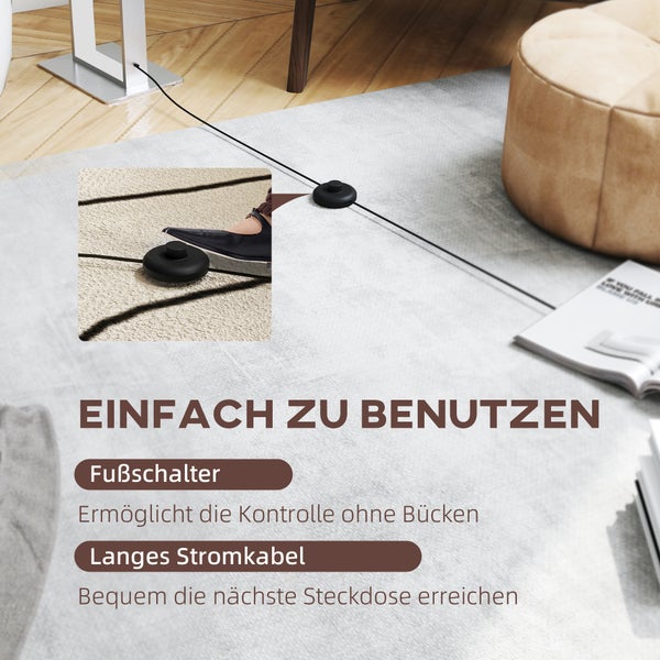 Detailaufnahme eines Fußschalters mit langem Stromkabel auf einem Teppich