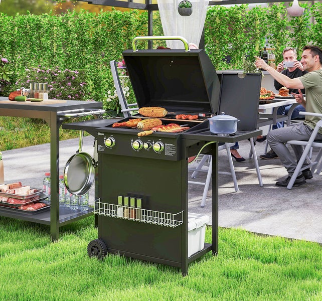 Outsunny Gasgrill 9,5 KW Grillwagen inkl 4 Brenner Seitenkocher Rolle Druckminderer Gasschlauch Deckel 2 Heizzonen Thermometer Seitenablagen, BBQ Gartengrill für Balkon, Grill 123x57x98 cm
