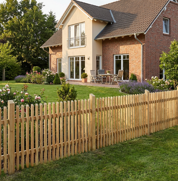 Holzzaun vor einem Haus mit Garten