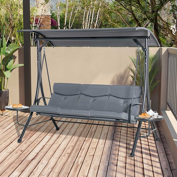 Outsunny Hollywoodschaukel, 3-Sitzer Gartenschaukel, mit verstellbarem Sonnendach, 271 x 125 x 177 cm, Stahl, Polyester, Grau+Schwarz